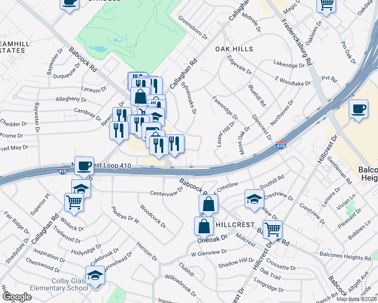 map of restaurants, bars, coffee shops, grocery stores, and more near 6611 Southpoint Street in San Antonio