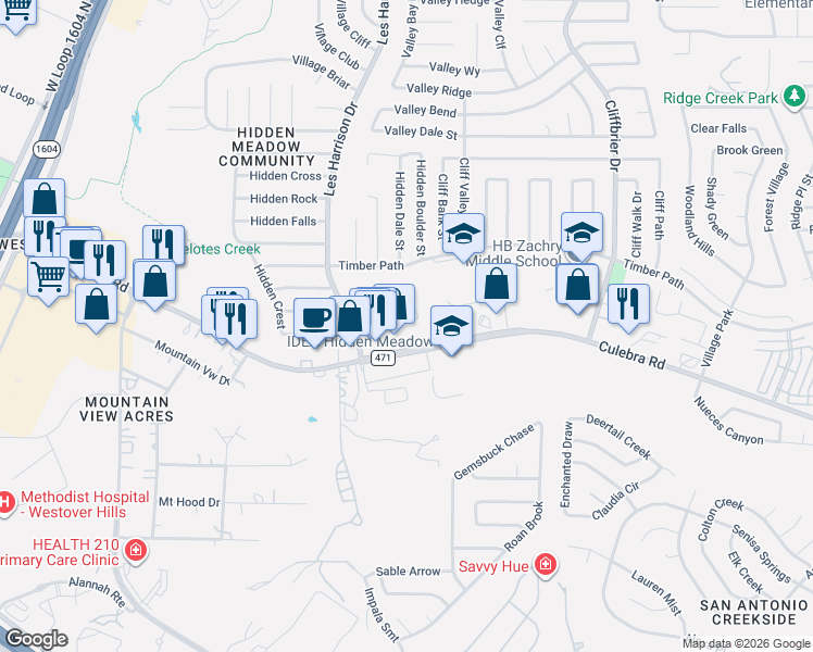 map of restaurants, bars, coffee shops, grocery stores, and more near 5810 Hidden Bay in San Antonio