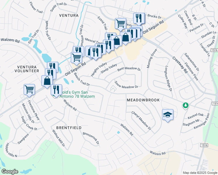 map of restaurants, bars, coffee shops, grocery stores, and more near 6630 Meadow Ash Drive in Converse