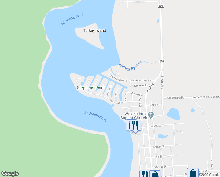 map of restaurants, bars, coffee shops, grocery stores, and more near 77 Carefree Drive in Welaka