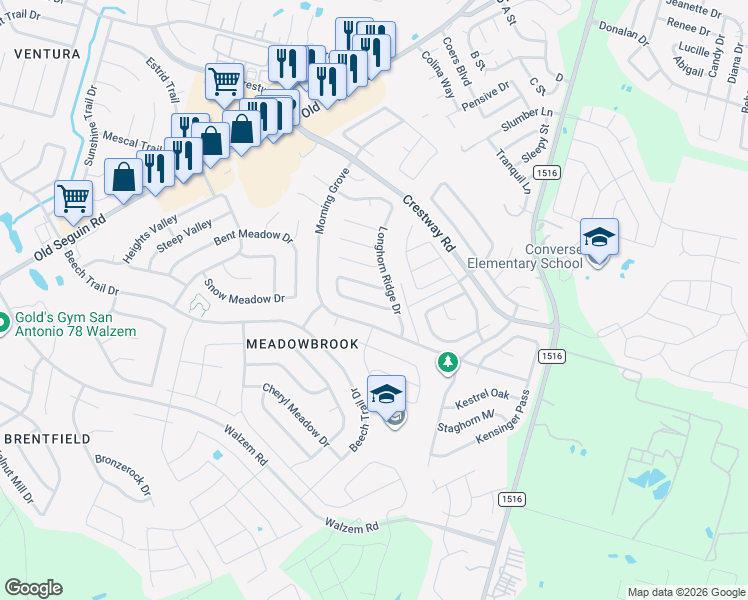 map of restaurants, bars, coffee shops, grocery stores, and more near 6877 Columbia Ridge Drive in Converse