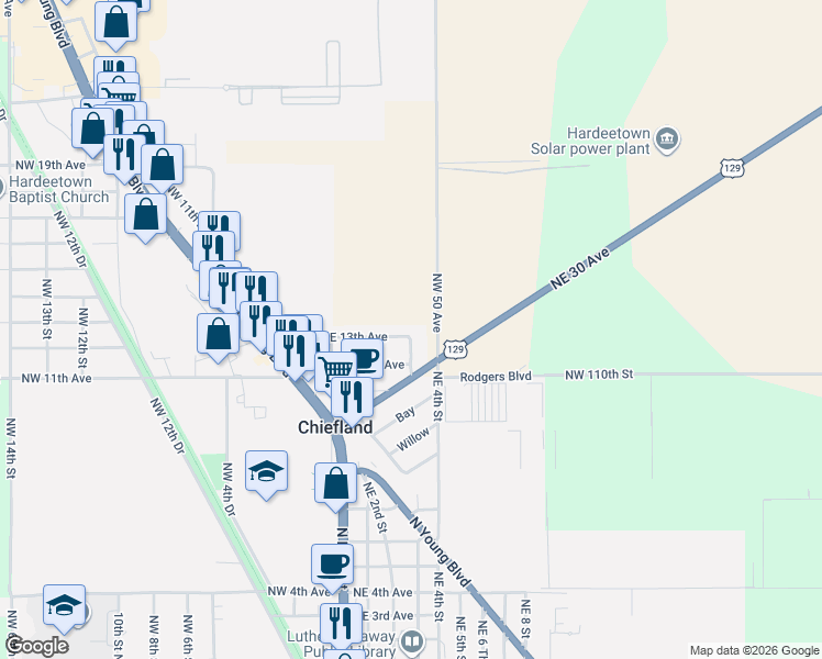 map of restaurants, bars, coffee shops, grocery stores, and more near 214 Northeast 13th Avenue in Chiefland