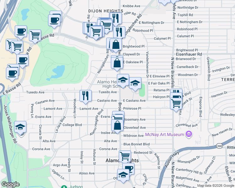 map of restaurants, bars, coffee shops, grocery stores, and more near 121 Tuxedo Avenue in San Antonio