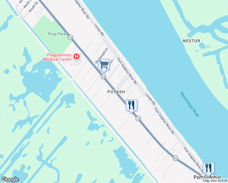 map of restaurants, bars, coffee shops, grocery stores, and more near 27334 Louisiana 23 in Port Sulphur