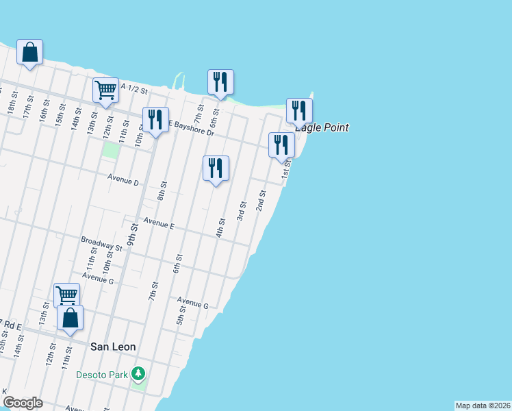 map of restaurants, bars, coffee shops, grocery stores, and more near 321 2nd Street in San Leon