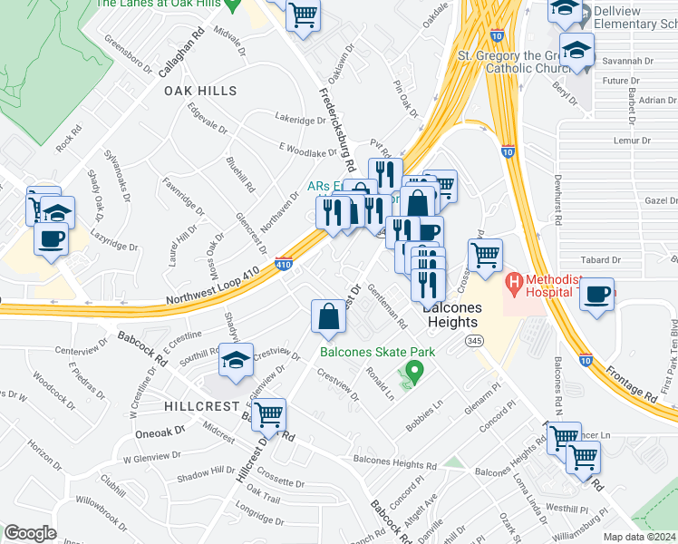 map of restaurants, bars, coffee shops, grocery stores, and more near 3782 Northwest Loop 410 in San Antonio