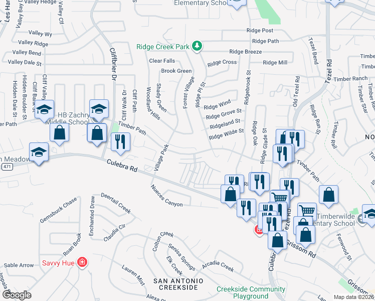 map of restaurants, bars, coffee shops, grocery stores, and more near 9439 Celine Drive in San Antonio