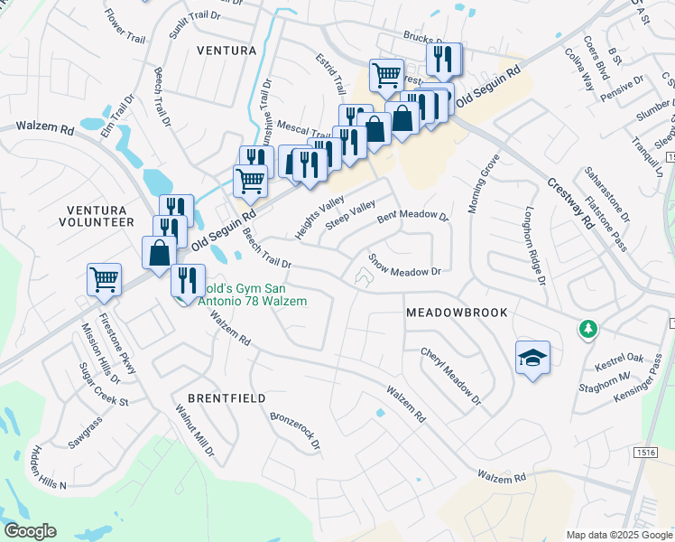 map of restaurants, bars, coffee shops, grocery stores, and more near 6630 Meadow Ash Drive in Converse