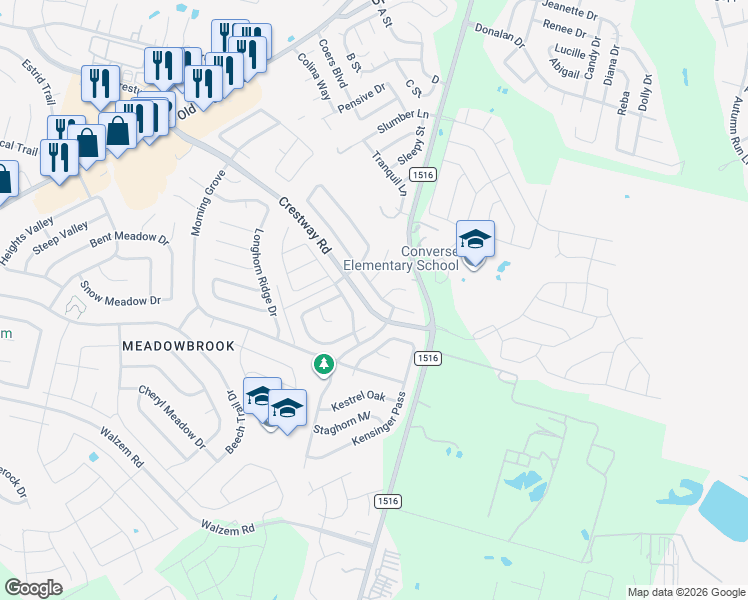 map of restaurants, bars, coffee shops, grocery stores, and more near 6623 Flatstone Pass in Converse