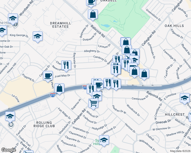 map of restaurants, bars, coffee shops, grocery stores, and more near 6301 Callaghan Road in San Antonio