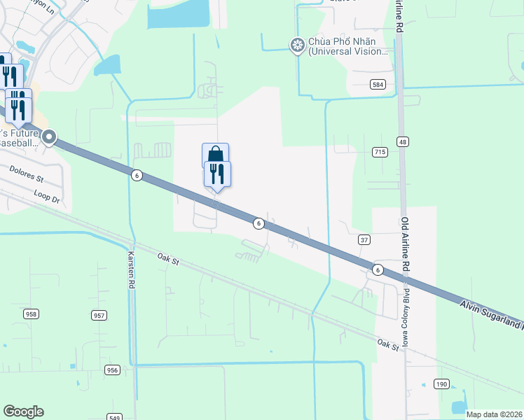 map of restaurants, bars, coffee shops, grocery stores, and more near 16015 Highway 6 in Rosharon