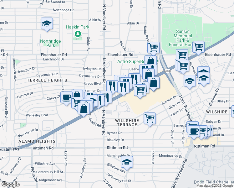 map of restaurants, bars, coffee shops, grocery stores, and more near 1331 Austin Highway in San Antonio