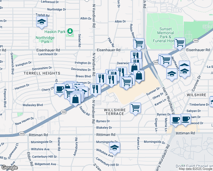 map of restaurants, bars, coffee shops, grocery stores, and more near 1331 Austin Highway in San Antonio