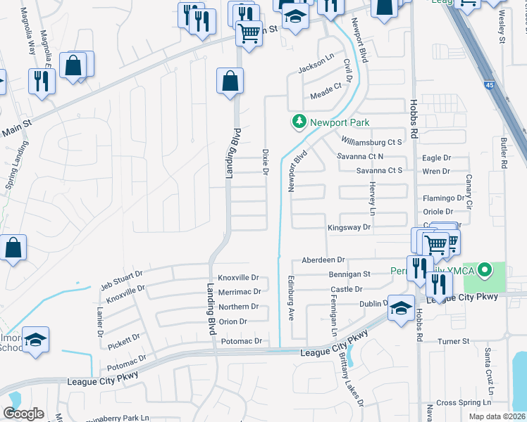 map of restaurants, bars, coffee shops, grocery stores, and more near 2507 Gettysburg in League City