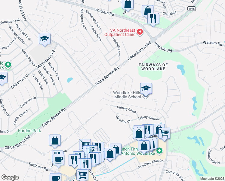 map of restaurants, bars, coffee shops, grocery stores, and more near 6910 Hanover Stone in San Antonio