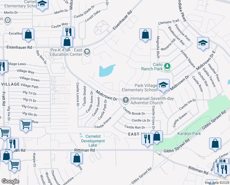 map of restaurants, bars, coffee shops, grocery stores, and more near 6515 Hibiscus Falls in San Antonio
