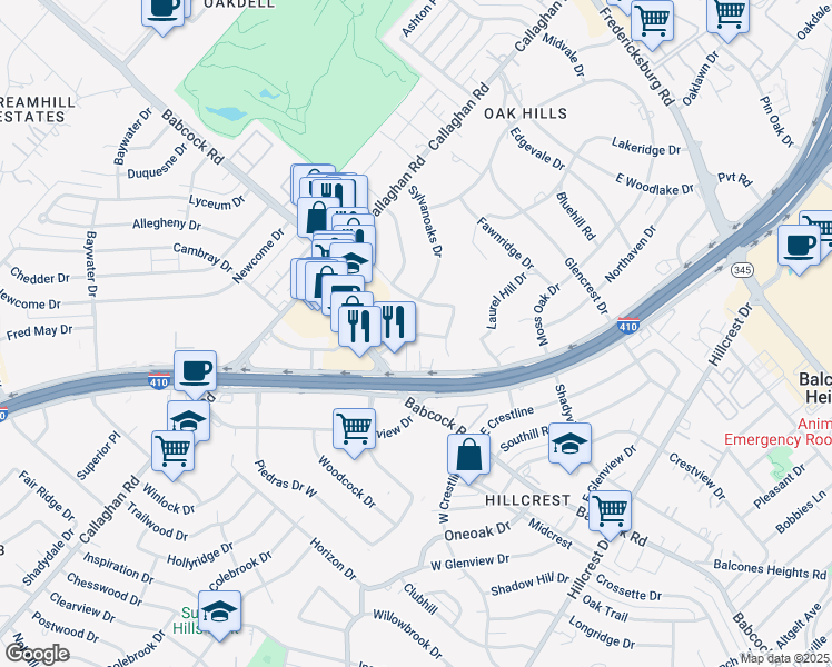 map of restaurants, bars, coffee shops, grocery stores, and more near 6611 Southpoint Street in San Antonio