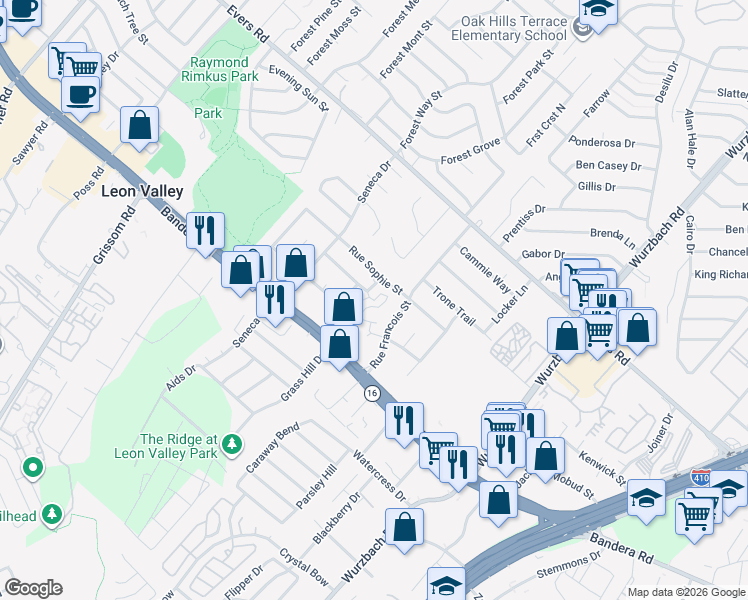 map of restaurants, bars, coffee shops, grocery stores, and more near 6114 Rue Sophie Street in San Antonio