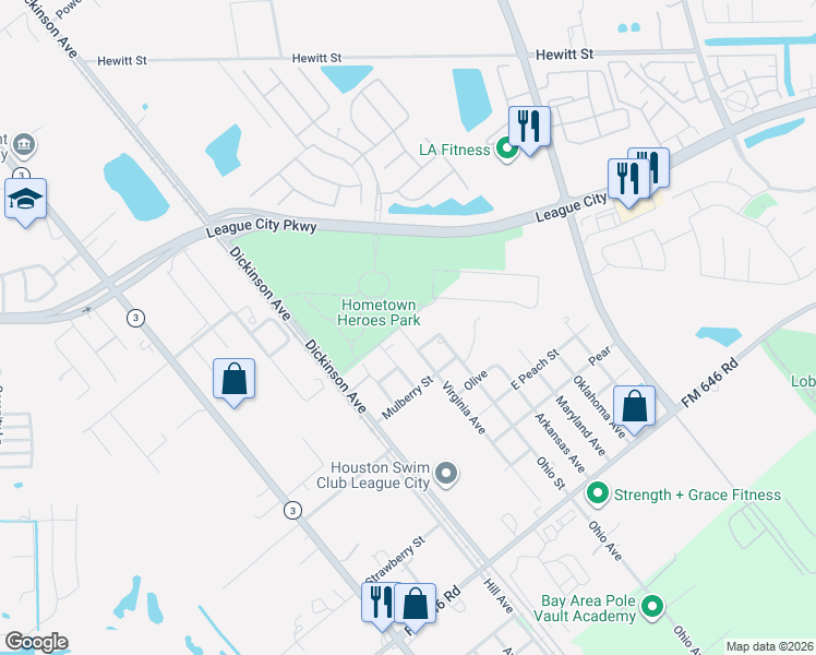 map of restaurants, bars, coffee shops, grocery stores, and more near 1001 East League City Parkway in League City