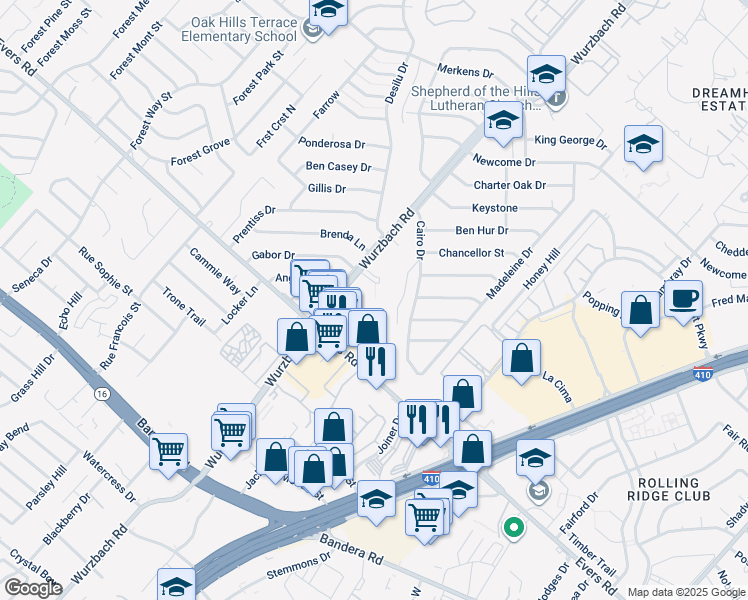 map of restaurants, bars, coffee shops, grocery stores, and more near 6400 Wurzbach Road in San Antonio