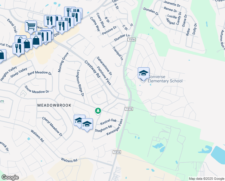 map of restaurants, bars, coffee shops, grocery stores, and more near 6611 Flatstone Pass in Converse