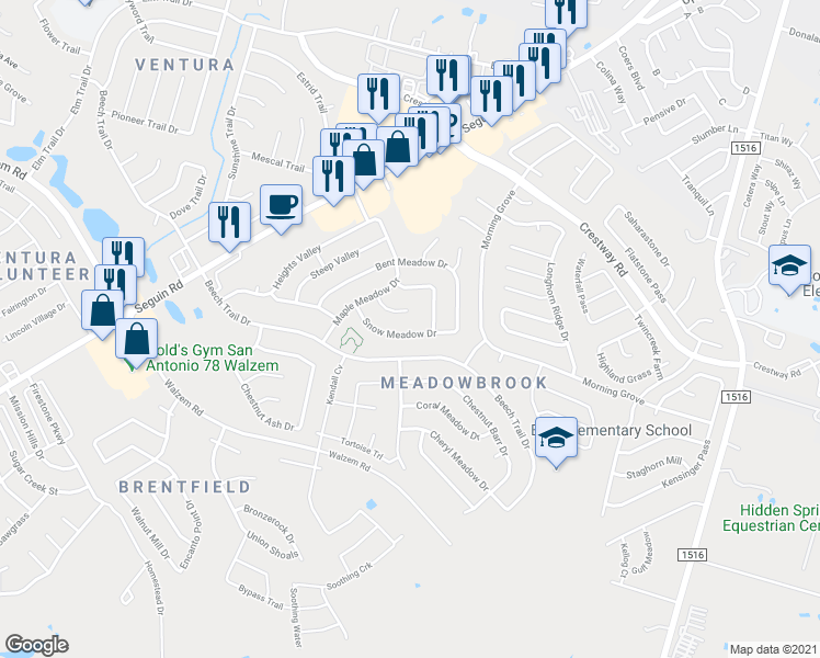 map of restaurants, bars, coffee shops, grocery stores, and more near 6647 Snow Meadow Drive in Converse