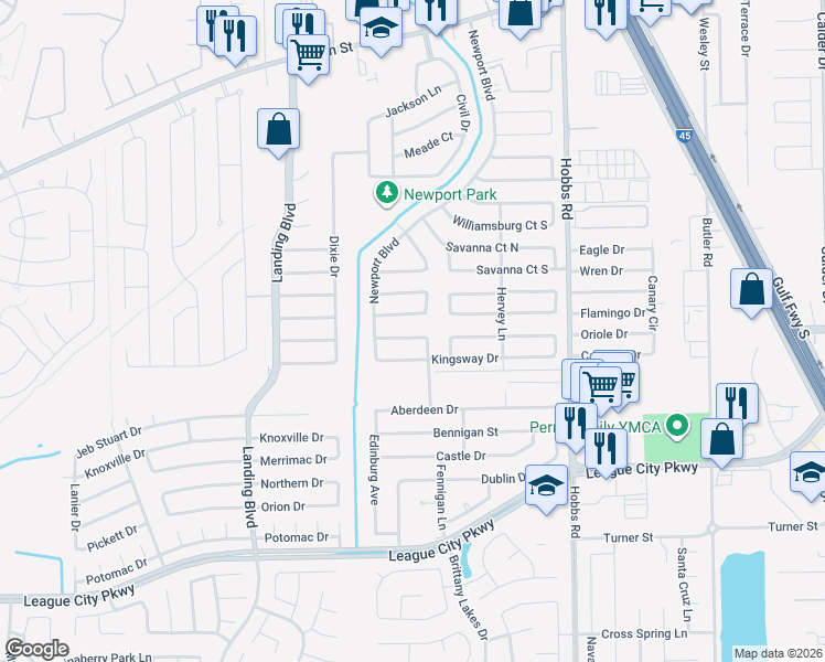 map of restaurants, bars, coffee shops, grocery stores, and more near 2207 Cambridge Court South in League City
