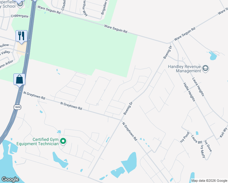 map of restaurants, bars, coffee shops, grocery stores, and more near 6518 Tallow Way in Converse
