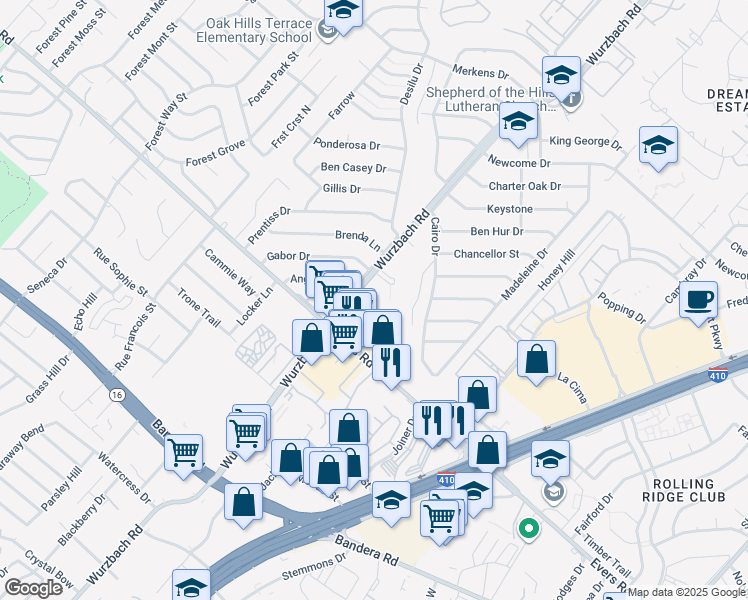 map of restaurants, bars, coffee shops, grocery stores, and more near 6414 Wurzbach Road in San Antonio