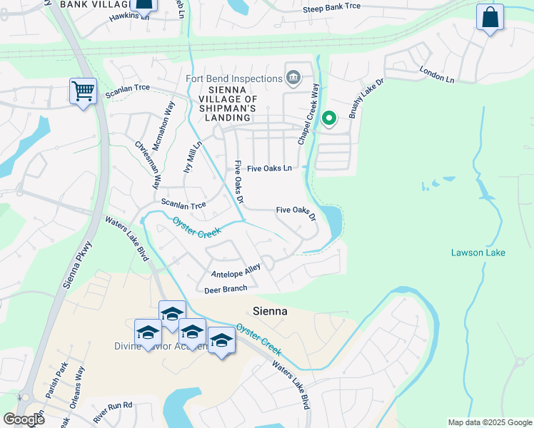 map of restaurants, bars, coffee shops, grocery stores, and more near 3007 5 Oaks Drive in Missouri City