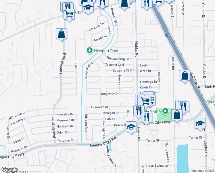 map of restaurants, bars, coffee shops, grocery stores, and more near 2111 Yorktown Court South in League City