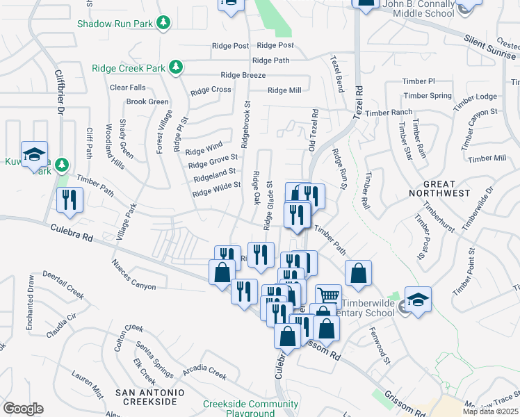 map of restaurants, bars, coffee shops, grocery stores, and more near 6128 Ridge Oak in San Antonio