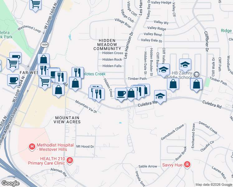 map of restaurants, bars, coffee shops, grocery stores, and more near 9738 Hidden Ledge in San Antonio