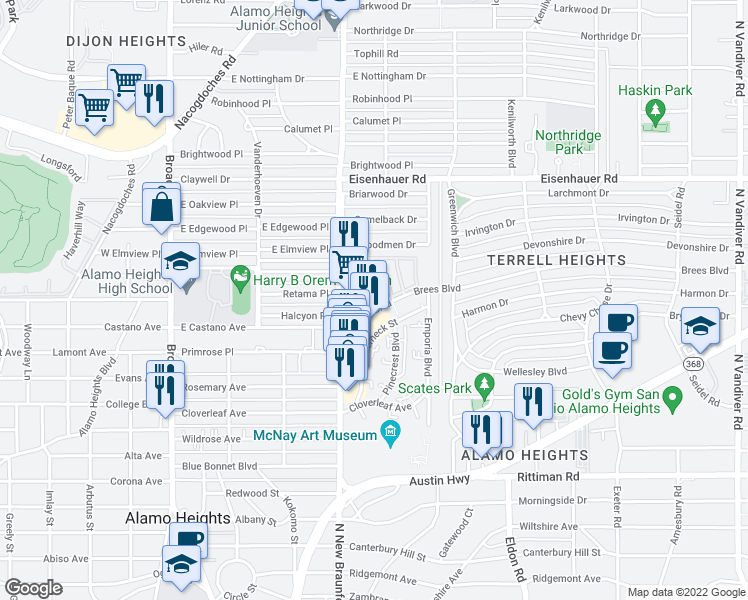 map of restaurants, bars, coffee shops, grocery stores, and more near 2222 Breezewood Drive in San Antonio