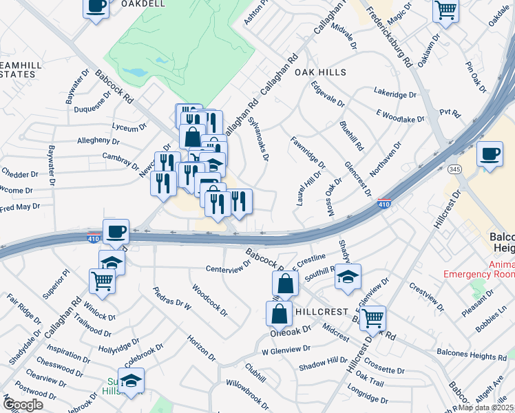 map of restaurants, bars, coffee shops, grocery stores, and more near 6611 Southpoint Street in San Antonio