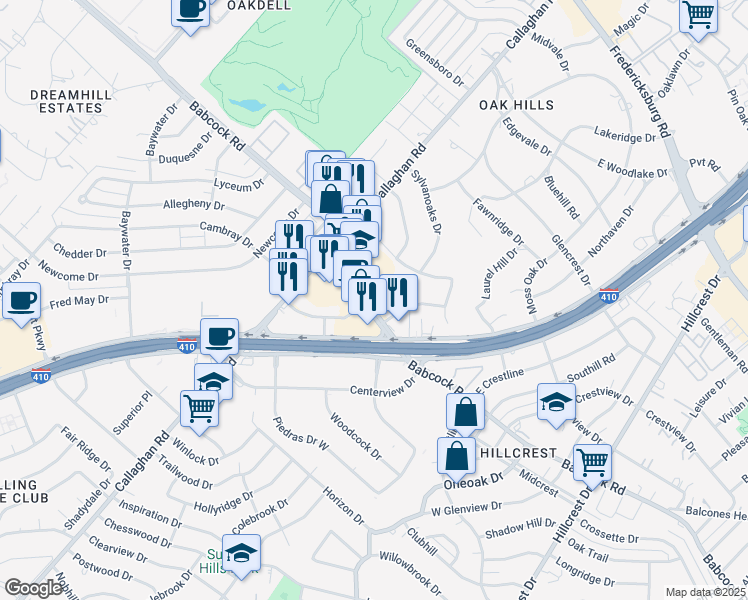 map of restaurants, bars, coffee shops, grocery stores, and more near 1543 Babcock Road in San Antonio