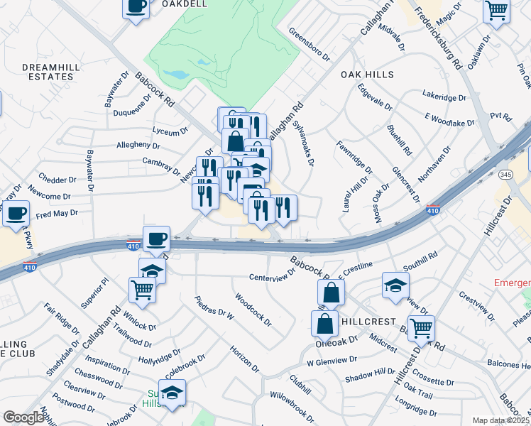 map of restaurants, bars, coffee shops, grocery stores, and more near 1543 Babcock Road in San Antonio