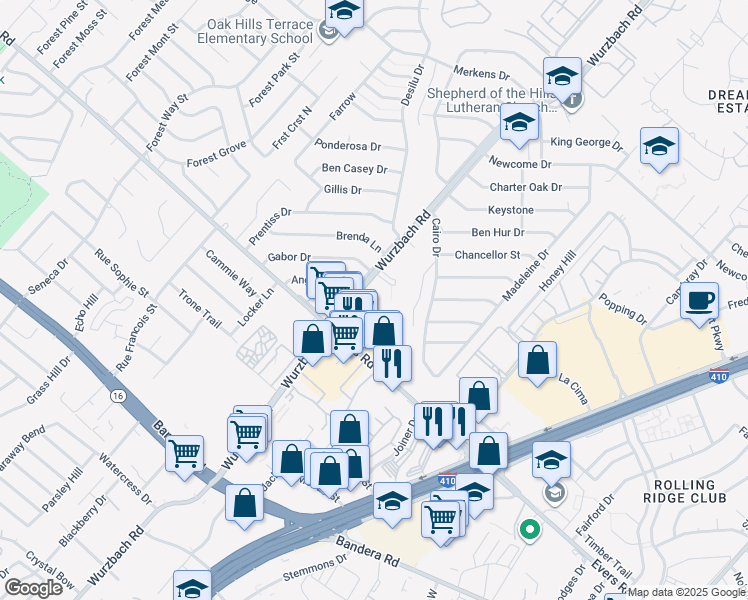 map of restaurants, bars, coffee shops, grocery stores, and more near 6414 Wurzbach Road in San Antonio