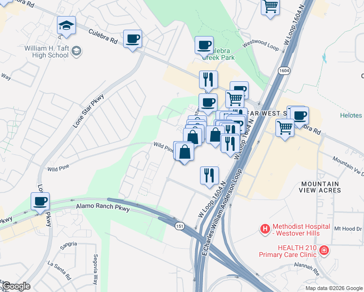 map of restaurants, bars, coffee shops, grocery stores, and more near 11133 Westwood Loop in San Antonio