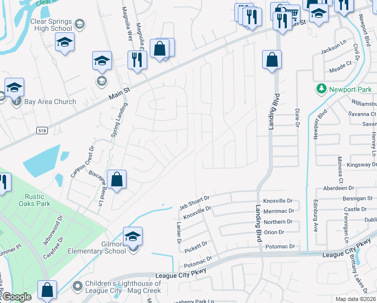 map of restaurants, bars, coffee shops, grocery stores, and more near 416 Blossomwood Drive in League City