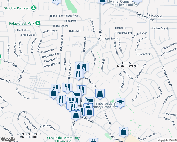 map of restaurants, bars, coffee shops, grocery stores, and more near 8806 Ridge Mountain Street in San Antonio