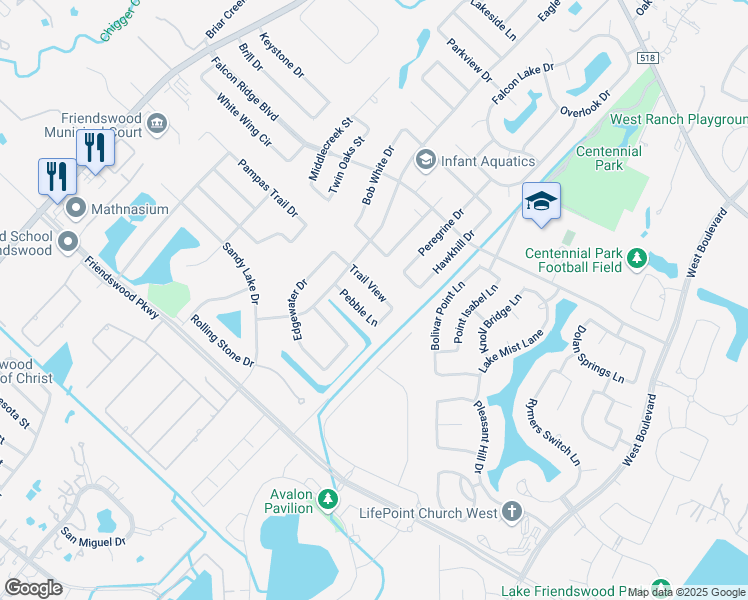 map of restaurants, bars, coffee shops, grocery stores, and more near 2002 Trail View in Friendswood