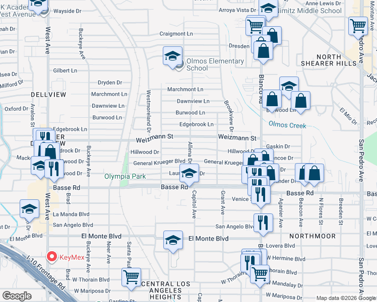 map of restaurants, bars, coffee shops, grocery stores, and more near 400 Hillwood Drive in San Antonio