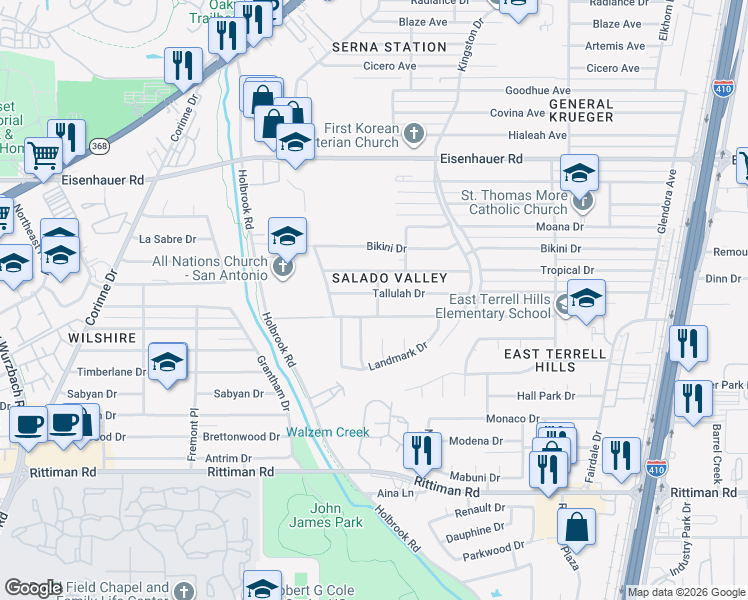 map of restaurants, bars, coffee shops, grocery stores, and more near 4034 Tallulah Dr in San Antonio