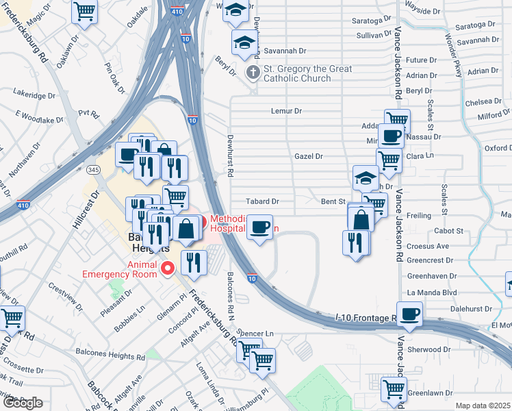 map of restaurants, bars, coffee shops, grocery stores, and more near 142 Tabard Drive in San Antonio