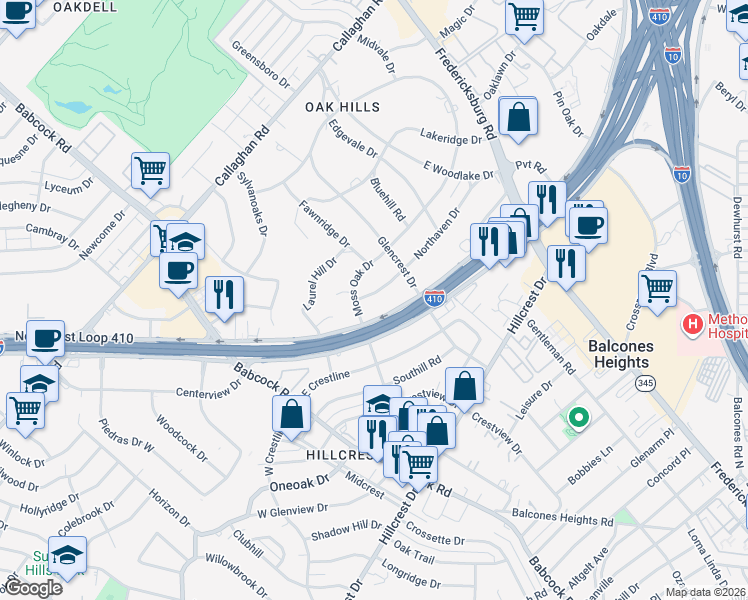 map of restaurants, bars, coffee shops, grocery stores, and more near 122 Northaven Drive in San Antonio