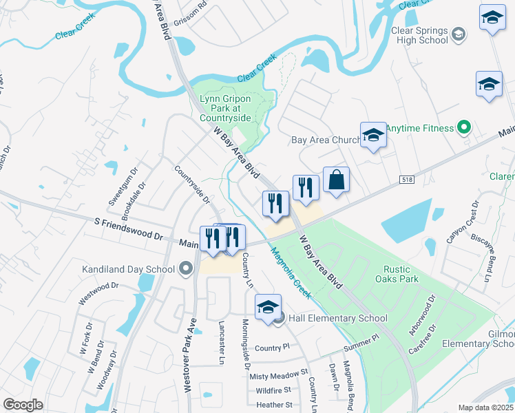 map of restaurants, bars, coffee shops, grocery stores, and more near 109 Misty Brook Lane in League City