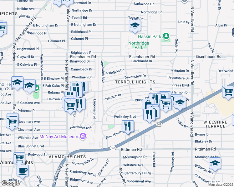 map of restaurants, bars, coffee shops, grocery stores, and more near 139 Harmon Drive in San Antonio