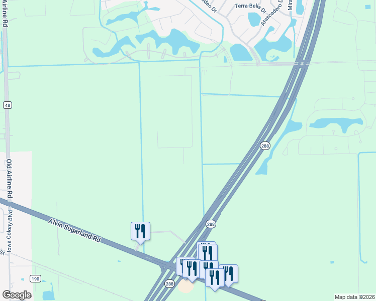 map of restaurants, bars, coffee shops, grocery stores, and more near South Freeway in Manvel