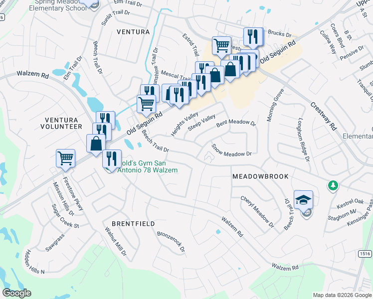 map of restaurants, bars, coffee shops, grocery stores, and more near 6659 Beech Trail Drive in Converse
